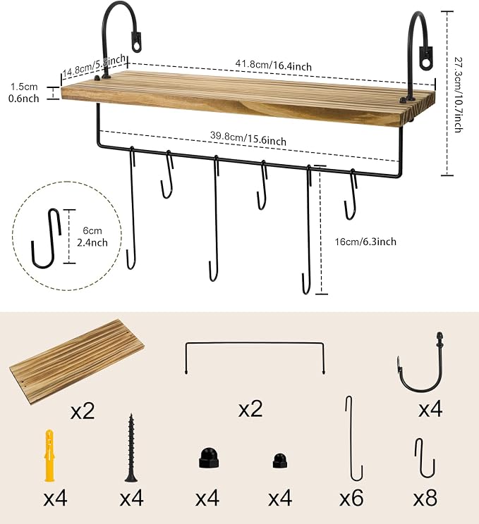 Wall Mount Floating Shelves, Wooden Coffee Bar Hanging Storage Shelf Rustic Cup - Image 3