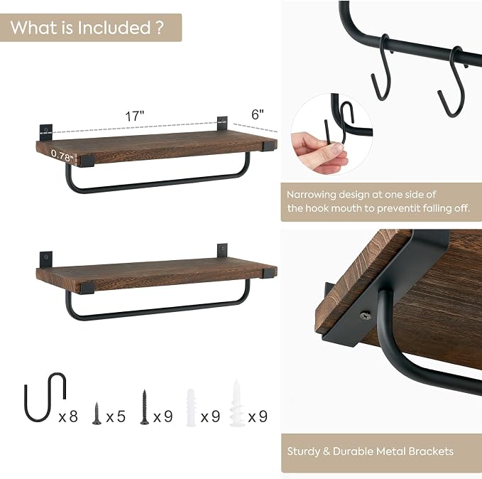 Mkono Mug Holder Wall Mounted Coffee Mug Rack Set of 2 Rustic Floating Shelf - Image 5