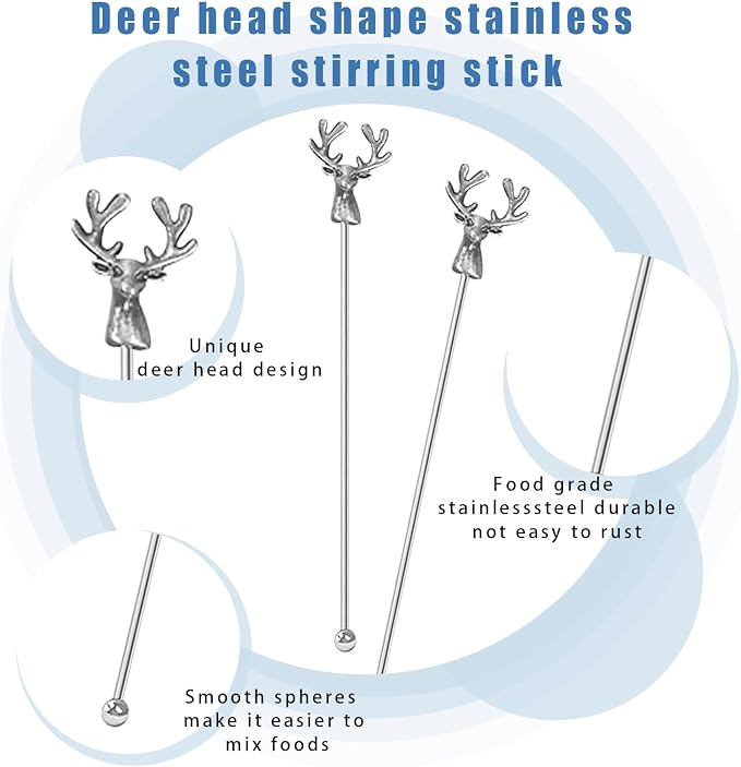 Ackron Deer Head Shape Beverage Stir Sticks Stainless Steel Coffee Stirrers - Image 3