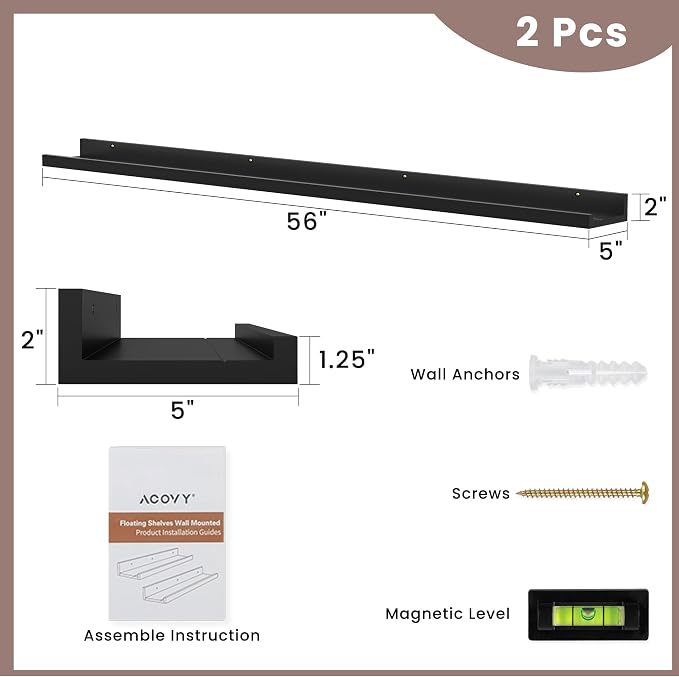 Acovy Long Floating Shelves for Wall, 55 inch Solid Wood Picture Ledge Shelf - Image 3