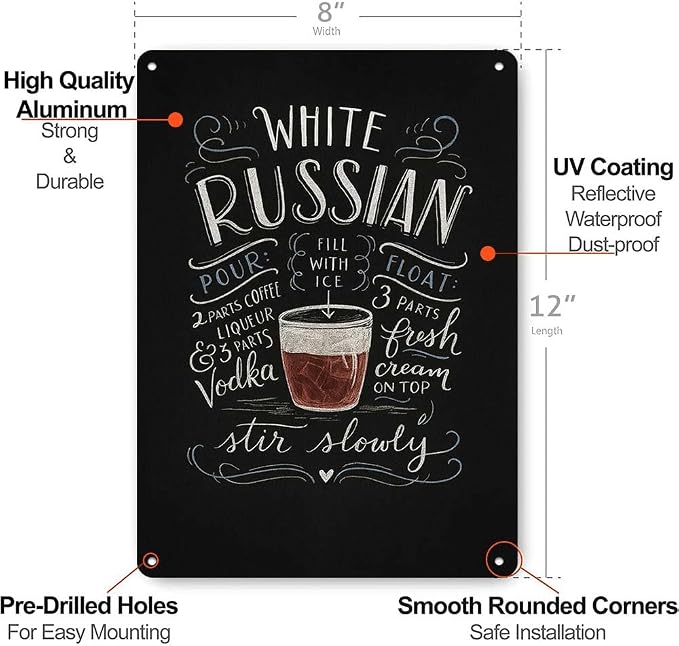 Aluminum 8X12in Sign White Russian Cocktail Recipe Wall Art Vintage Chalkboard - Image 2