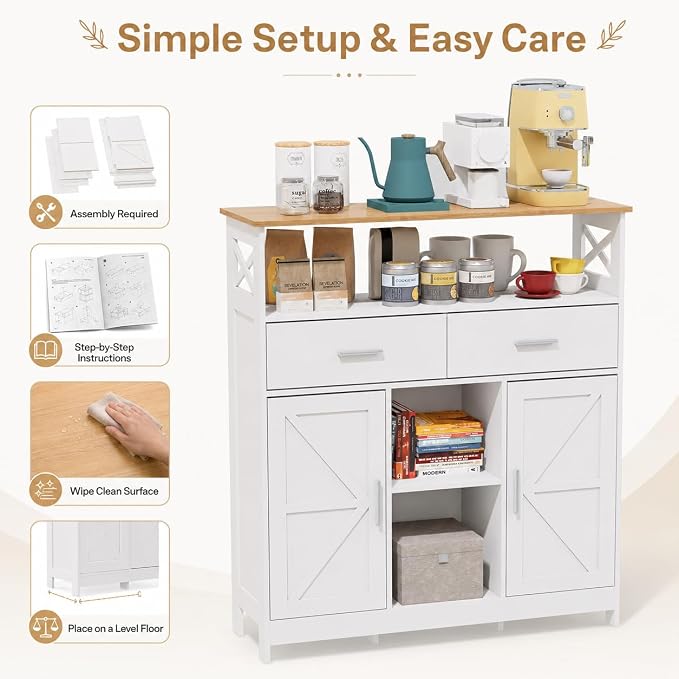 Coffee Bar Cabinet with Storage, 35.4" Kitchen Storage Cabinet with 2 Drawers - Image 6