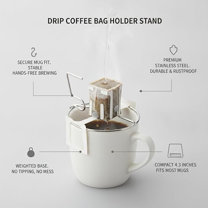 Drip Coffee Bag Holder Stand, Stainless Steel Weighted Base - Image 5
