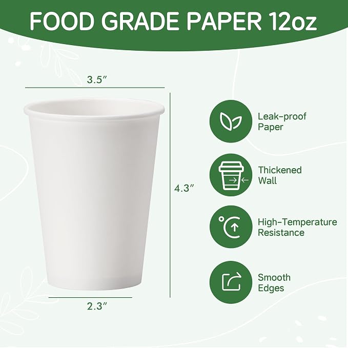 100 Pack of 12 oz Disposable White Paper Coffee Cups - Image 2