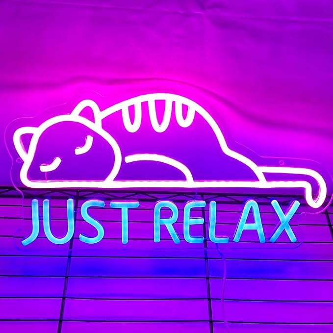 Cat Led Neon Sign Just Relax Words Neon Sign Pink Blue Led Signs - Image 5