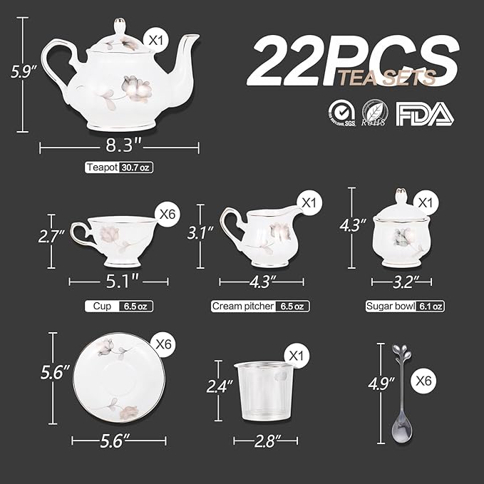CHENP.HMC Porcelain Ceramic 22-Piece Tea Set, Teapot and Cup Set, 30.7 Ounces - Image 4