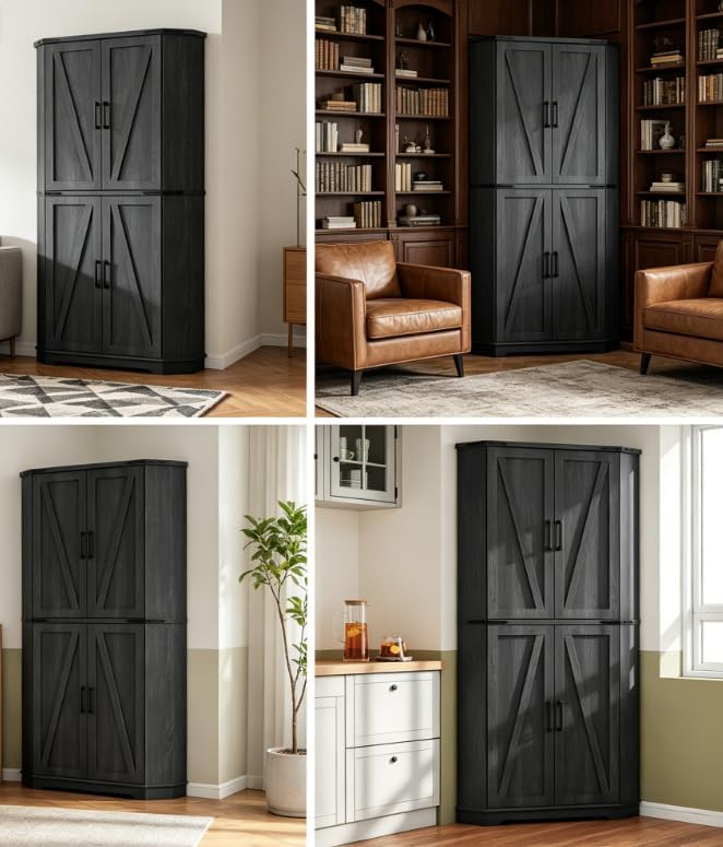 Dripex 71" Black Corner Pantry Cabinet, Farmhouse Tall Storage Cabinet - Image 8