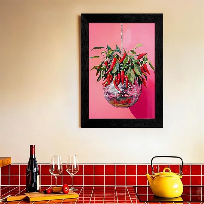 Black Framed Disco Ball With Red Chili Pepper Wall Art 08x10 inch Funky - Image 4