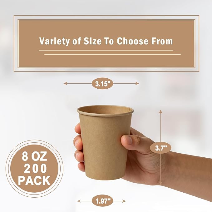 Lamosi 200 Pack 8 oz Kraft Paper Cups, Unbleached Paper Cups - Image 2