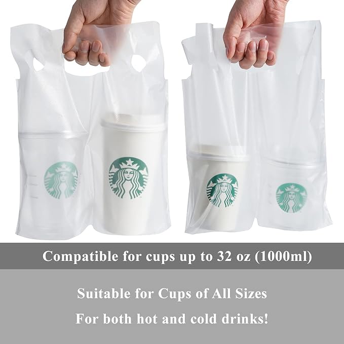 100 Pack Clear Plastic Bags 2 Cup Beverage Carrier Drink Holder up to 32oz - Image 3