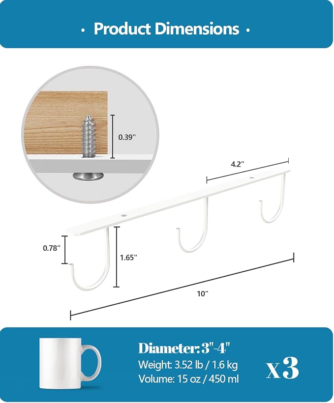 Luckinow 3 Pack Mug Hooks Under Cabinet, Coffee Mug Holder - Image 4