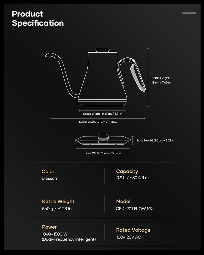 Cocinare Artisan Blossom Gooseneck Electric Kettle, ±1℉ Precise Temperature - Image 7