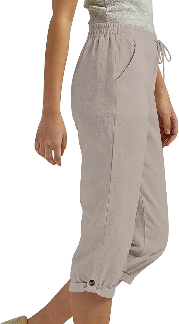 Drawstring Capri Linen Pants Women Elastic Waist Straight Leg Pant Summer Beach - Image 2