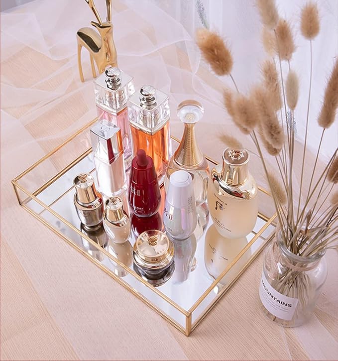 Sooyee Gold Rectangle Mirror Tray, Metal and Glass Decorative Tray Can Hold - Image 2