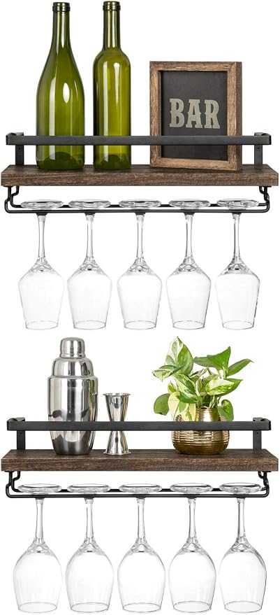 Mkono Wall Mounted Wine Rack Set of 2 Wood Rustic Wine Bottle Glass Floating by Mkono