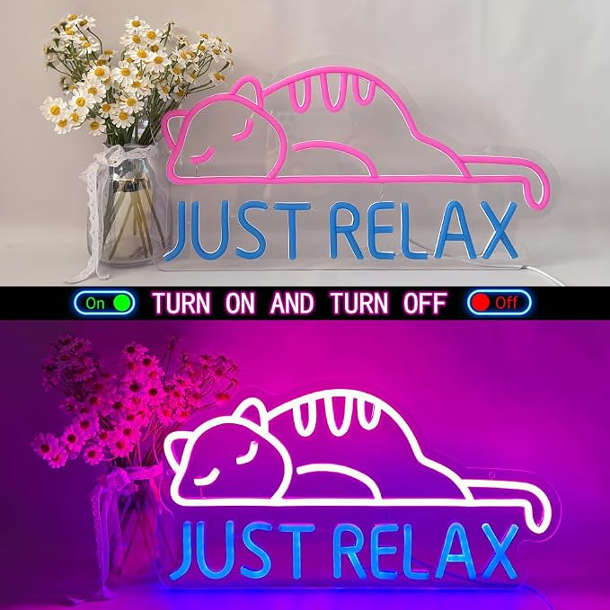 Cat Led Neon Sign Just Relax Words Neon Sign Pink Blue Led Signs - Image 4