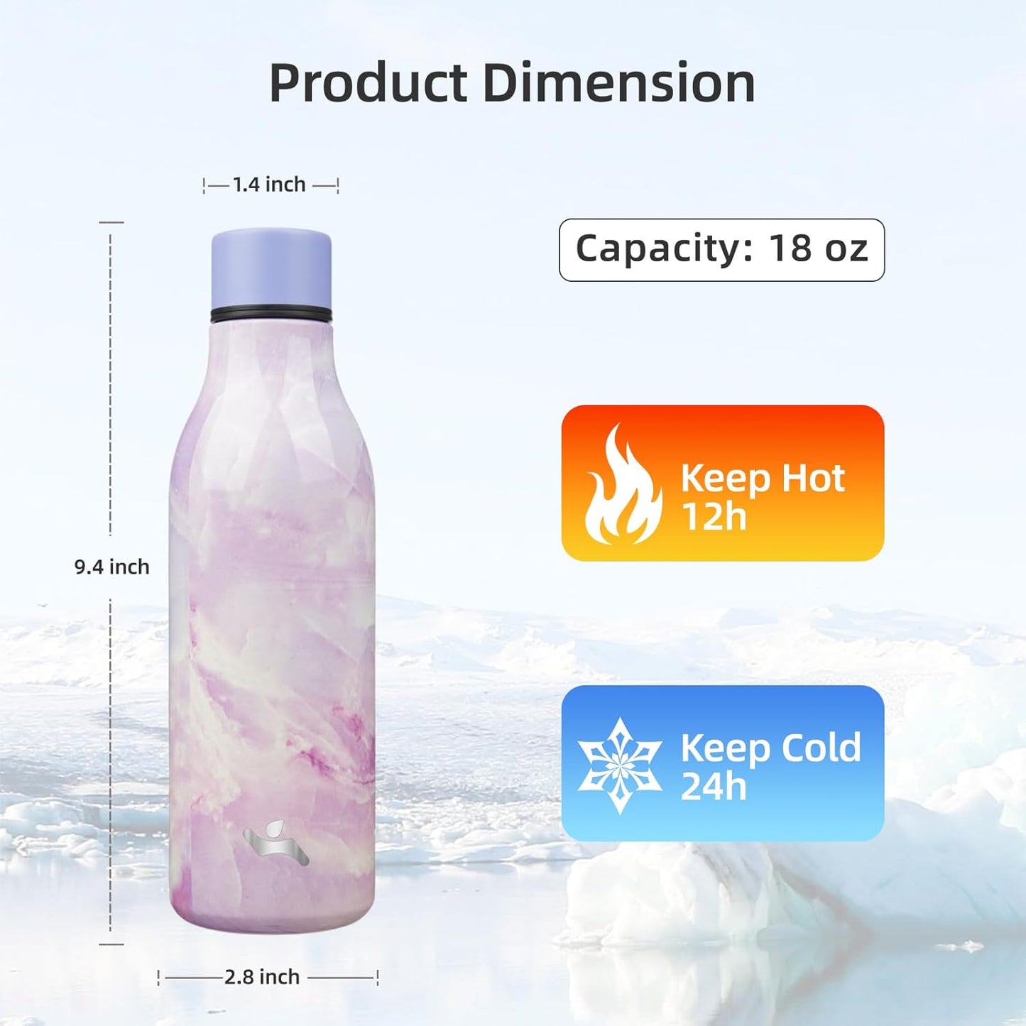 Insulated Water Bottle with Strap,18 oz Double Wall Stainless Steel Vacuum Bottles Metal Water Flask,Dawn