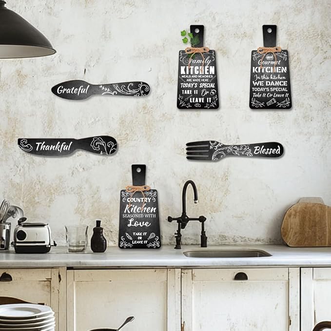 PH PandaHall 6pcs Cutting Board Eat Sign Set Black and White Chalk Text Wooden - Image 7