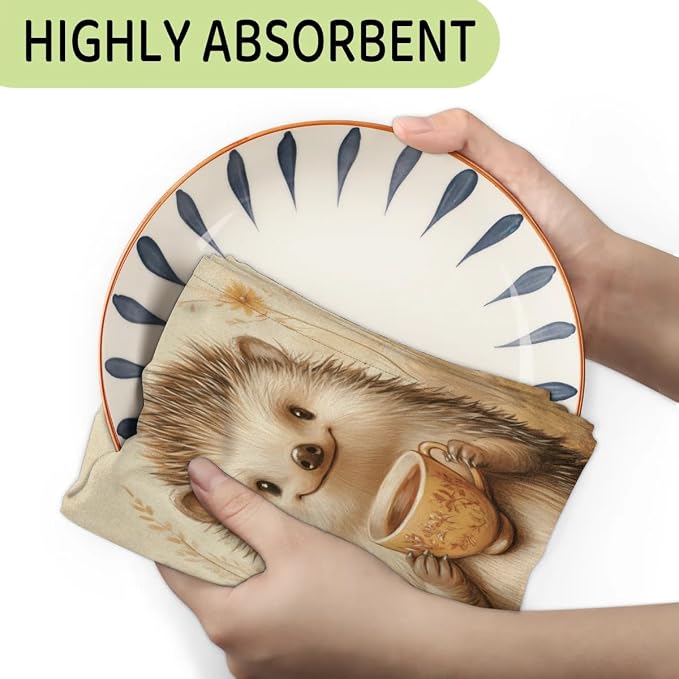 Vintage Hedgehog Kitchen Towels Set of 2 Coffee Cup Dish Towels Bar Absorbent - Image 3