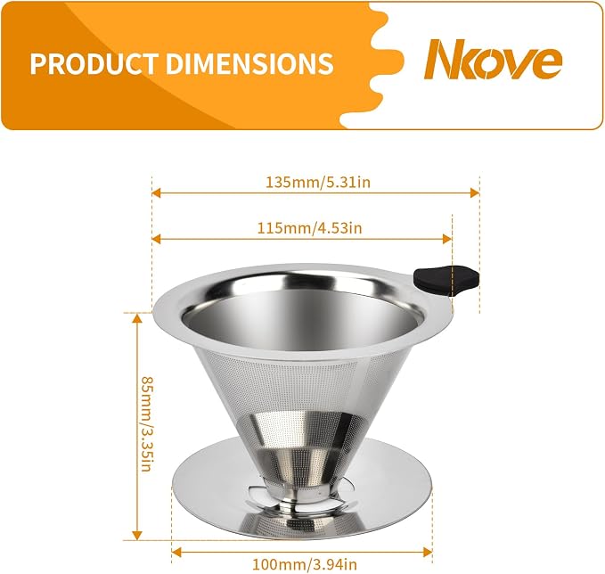 NKOVE Pour Over Coffee Dripper Stainless Steel Reusable Filter Paperless Cone - Image 5