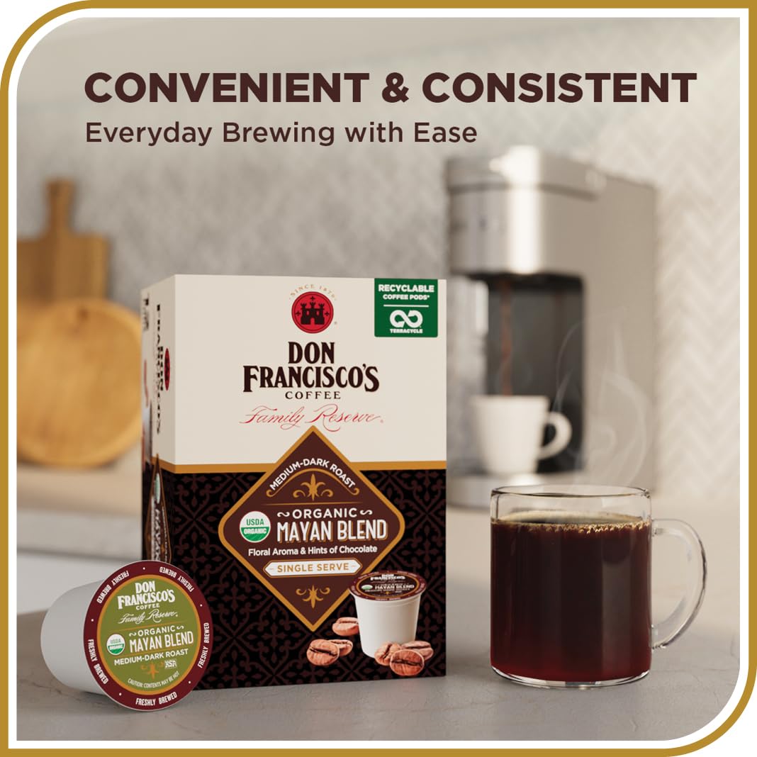 Don Francisco's Organic Mayan Blend Coffee - 12 K-Cup Compatible Single-Serve Pods - 100% Arabica - Bold Flavor with Floral Aroma and Chocolate Hints - Compatible with Keurig Brewers