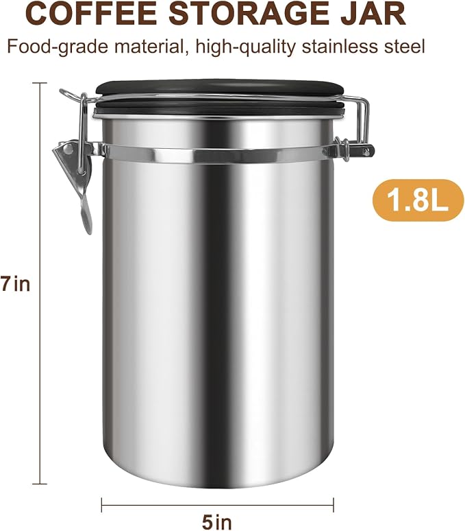 1.8L Airtight Vacuum Coffee Canister, Stainless Steel Storage Container - Image 2