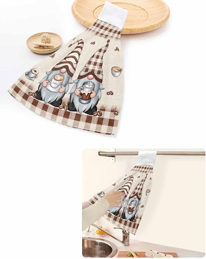 Hanging Kitchen Towels Gnome Holding Coffee Cup Bathroom Hand Towels - Image 6