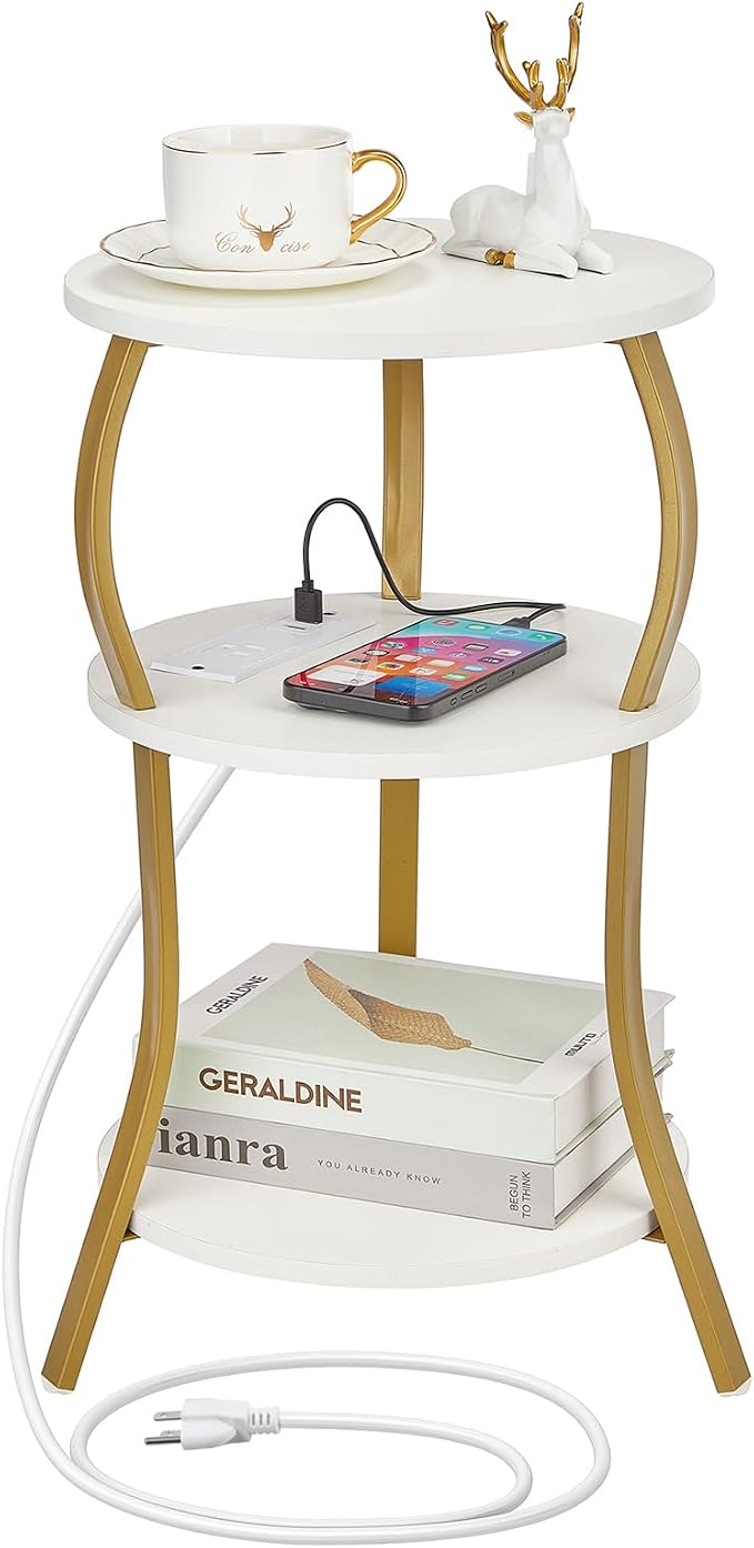 Small Round Side Table with Charging Station, 3-Tier Waist Circular End Table by YEAKOO
