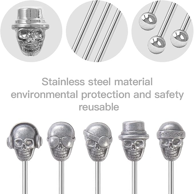 Skull Shape Swizzle Sticks, Reusable Stainless Steel Coffee Beverage Stirrers - Image 2