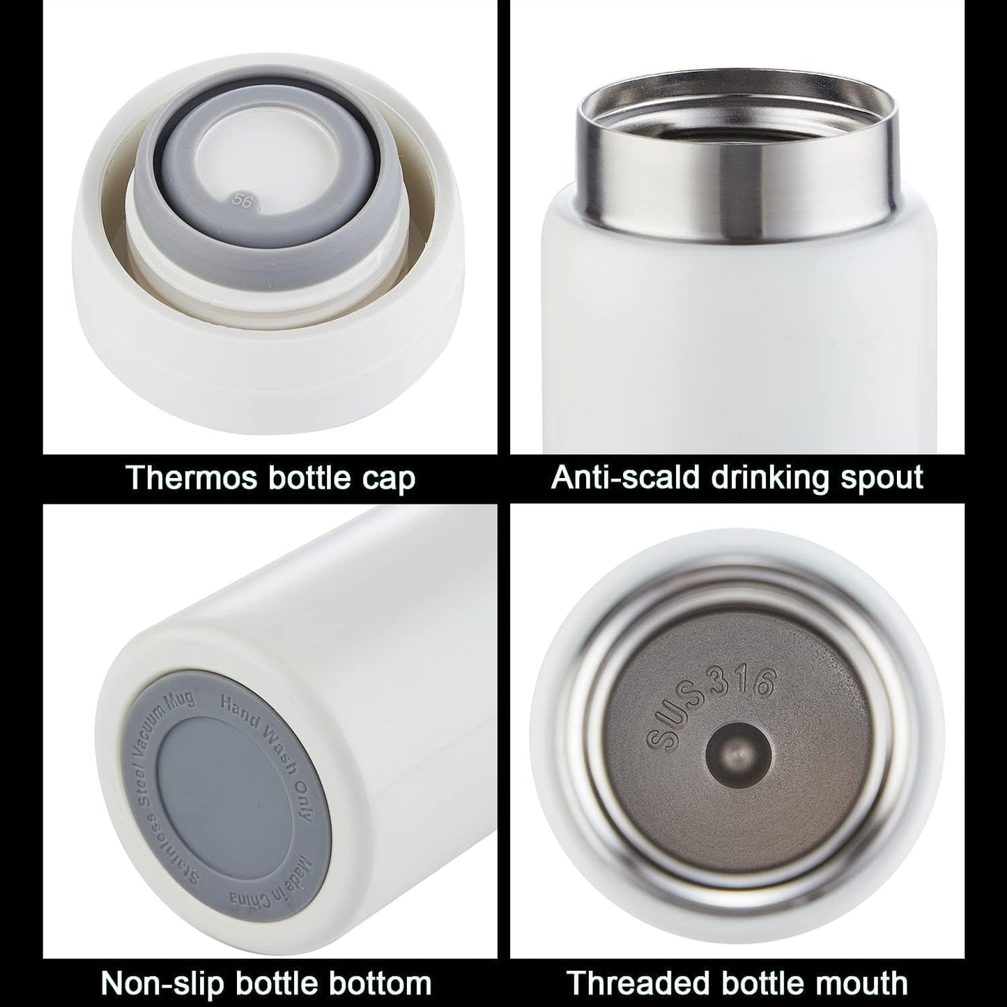10oz Mini Water Bottle Stainless Steel Thermos Small Flask - Insulated Vacuum, Leak Proof, Keeps Drinks Hot/Cold - Ideal for Coffee, Tea, Water - White