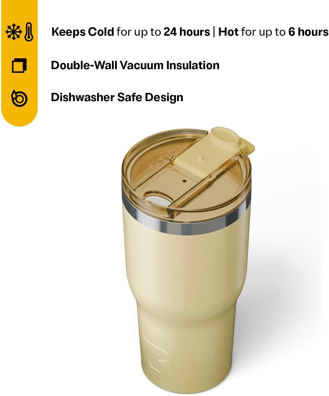 RTIC 30oz Essential Tumbler with Lid, Insulated, Stainless Steel, Metal, Double Wall Vacuum-Insulation, Ceramic Lined, Travel Cup for Iced Coffee, Tea, Hot and Cold Drink, Sunlight Glitter