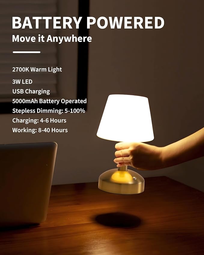 KDG Modern Cordless Small Table Lamps, Portable LED Dimmable Desk Lamp - Image 4