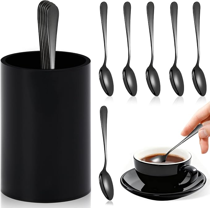 6 PCS Black Coffee Spoons with Holder Small Espresso Coffee Spoons 4.92 Inch by Unknown