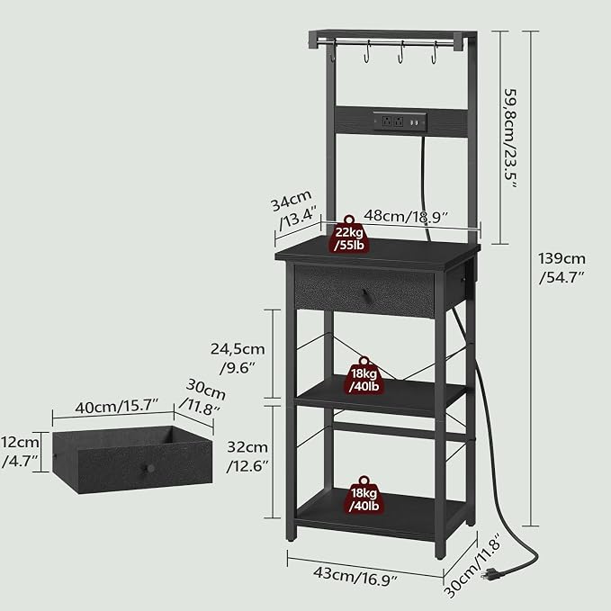 MAHANCRIS Bakers Rack with Drawer, Microwave Stand with Power Outlet, Coffee - Image 3