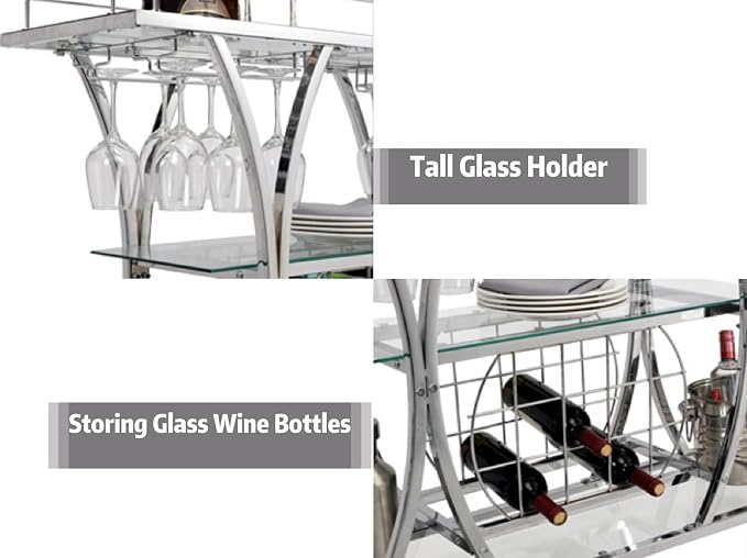 Silver Bar Carts with Glass Holders & Wine Rack, 3 Tier Home Bar Serving Carts - Image 2