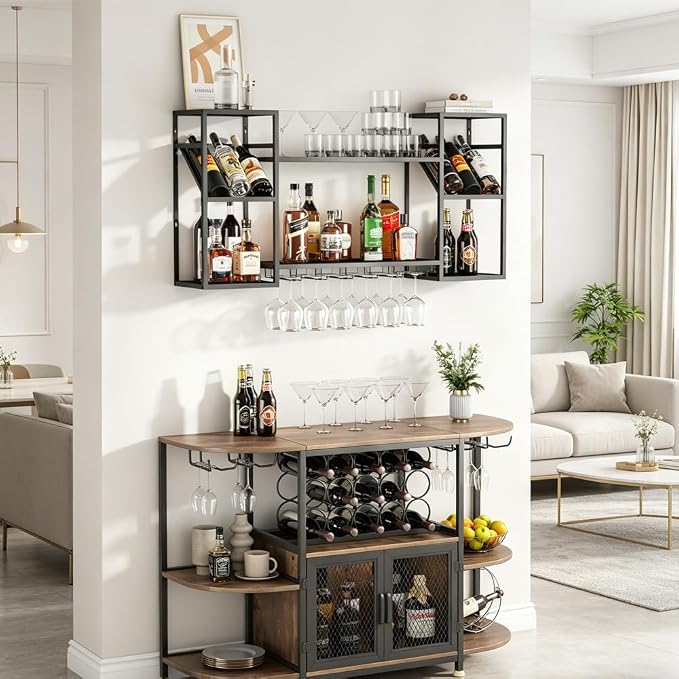 KaKaBB Wall Mounted Wine Rack, Holds 30 Bottles & 6–12 Glasses, Floating Shelves - Image 3