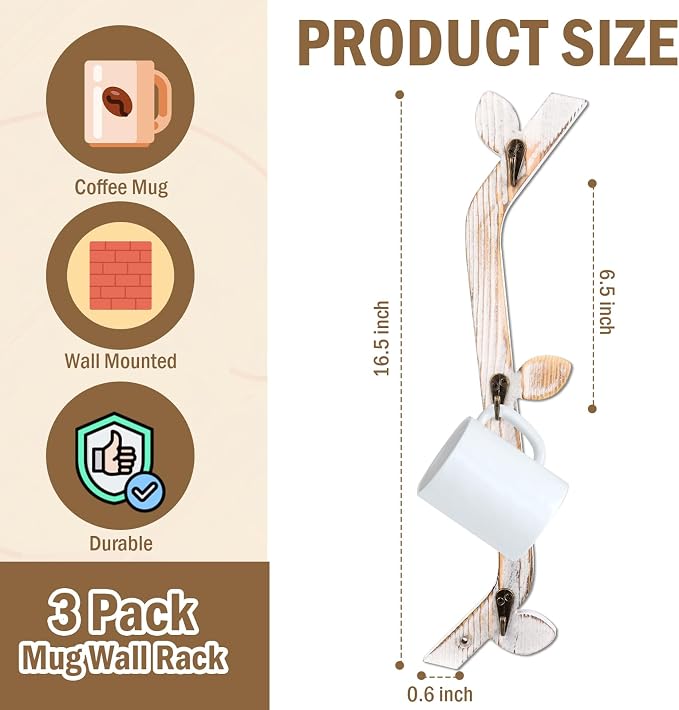 3 Pack Wood Coffee Mug Wall Rack - Image 2