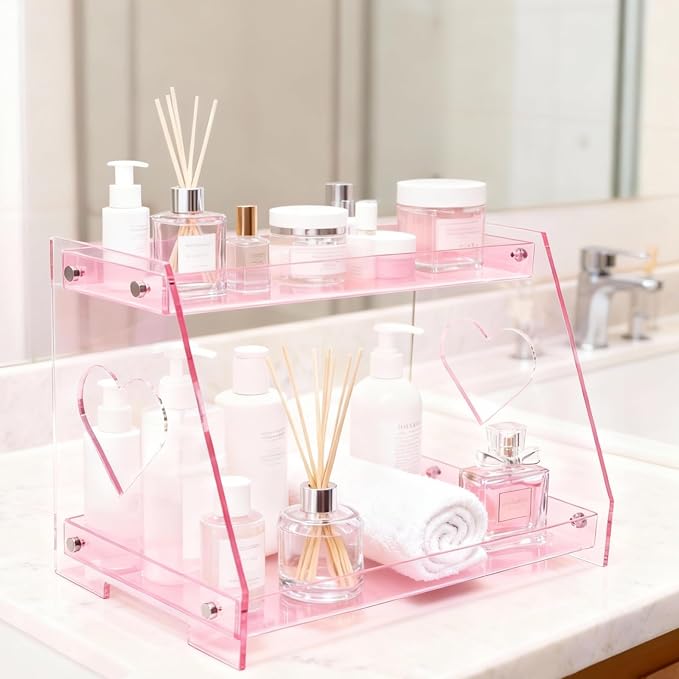 ROYALITA 2 Tier Pink Heart Bathroom Countertop Organizer Display Shelf by ROYALITA