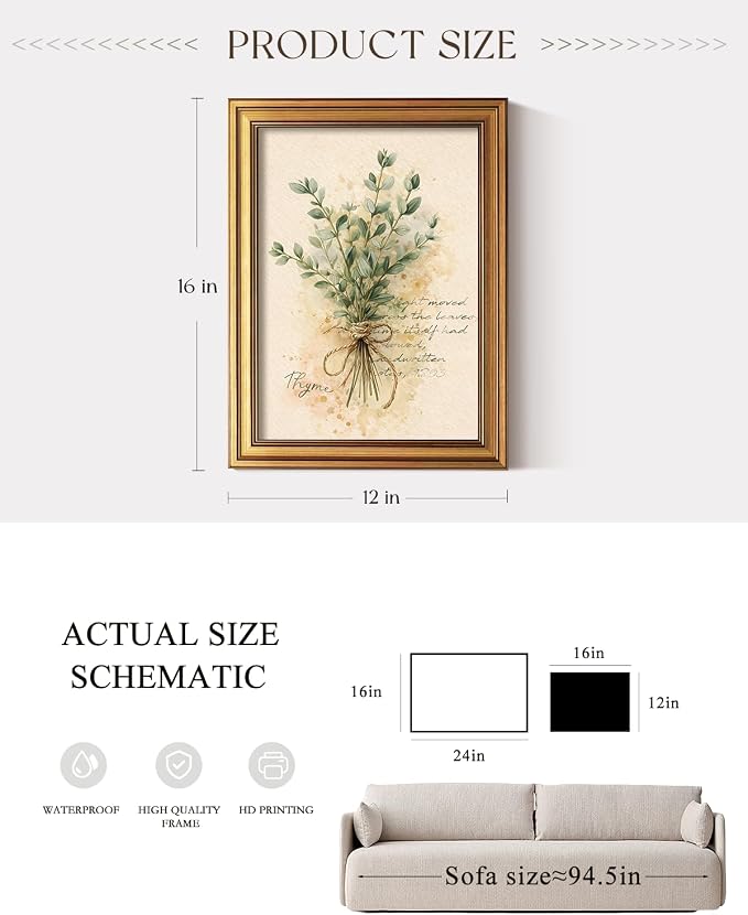 ARPEOTCY Gold Framed Canvas Wall Art, Rustic Herb Botanical Wall Decor - Image 4