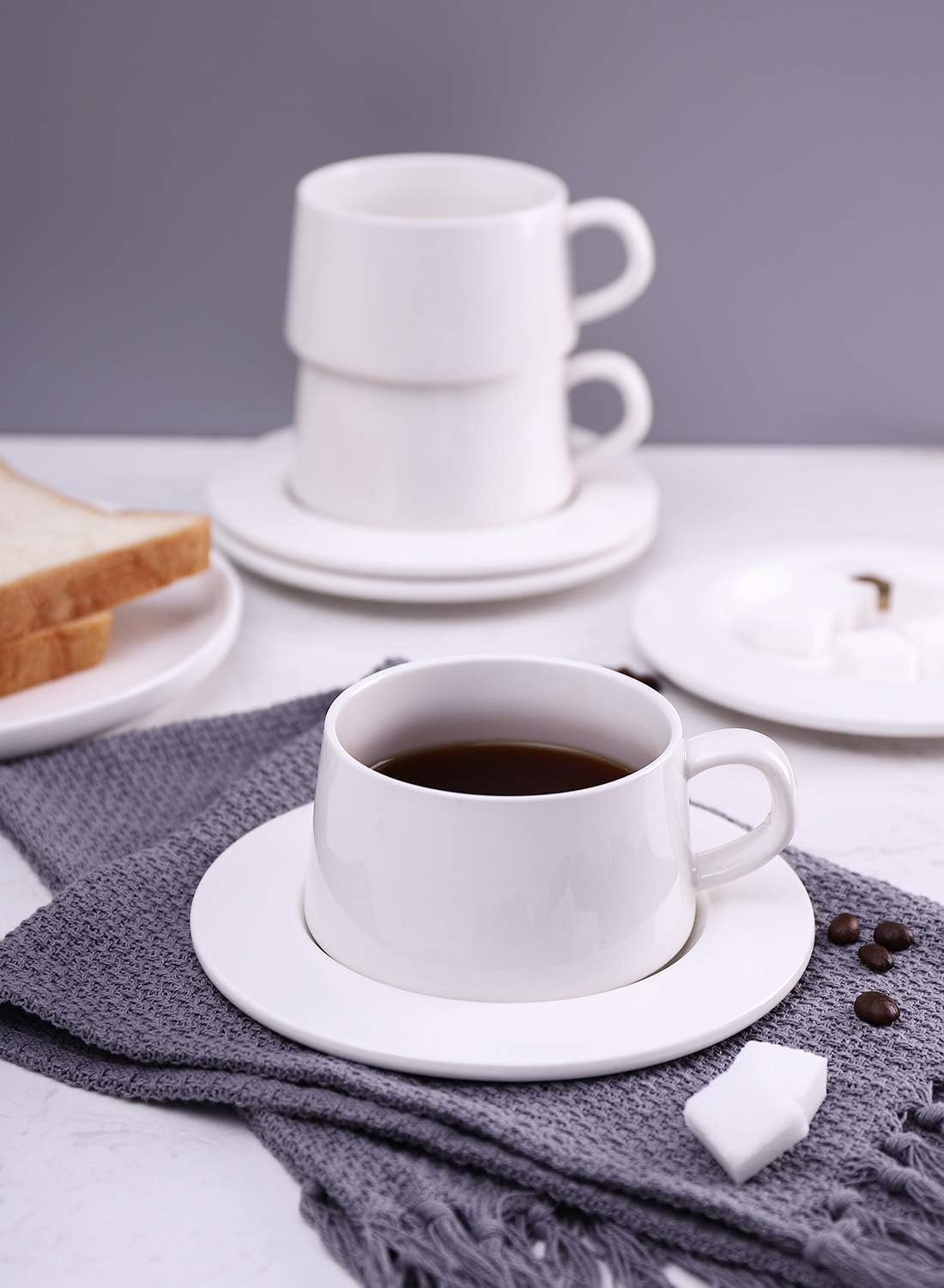 Kanwone Porcelain Stackable Cappuccino Cups with Saucers - 8 Ounce for Specialty Coffee Drinks, Cappuccino, Latte, Americano and Tea - Set of 4, White