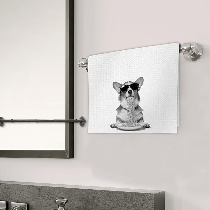 Corgi Gifts Funny Dog Kitchen Towels Set of 2, Funny Dog Eating Pasta - Image 3