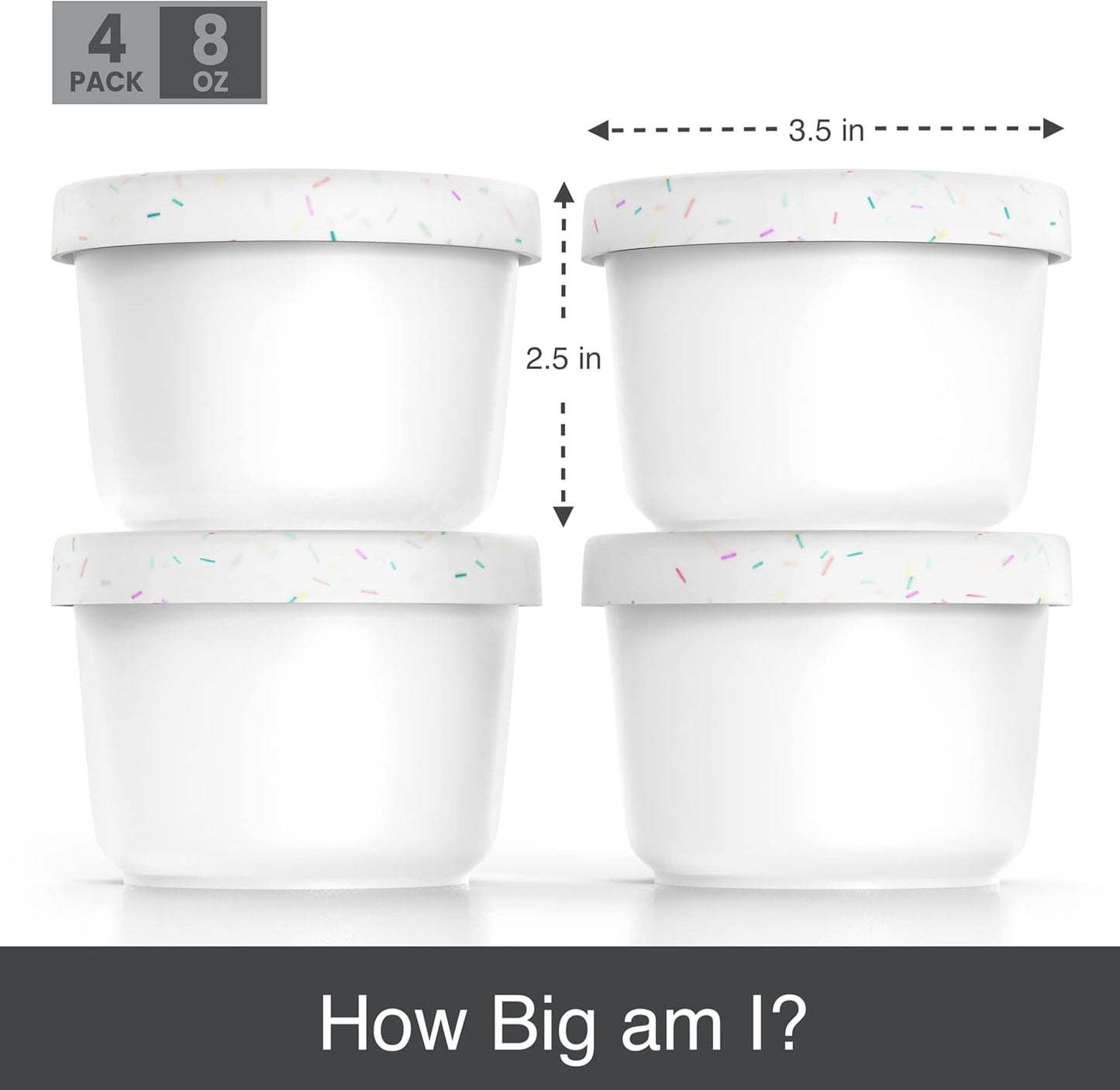 BALCI - 8oz Mini Ice Cream Containers with Silicone Lids (Set of 4) - Freezer Food Storage Containers, Reusable, LeakProof, For Homemade IceCream Containers - White with Sprinkles