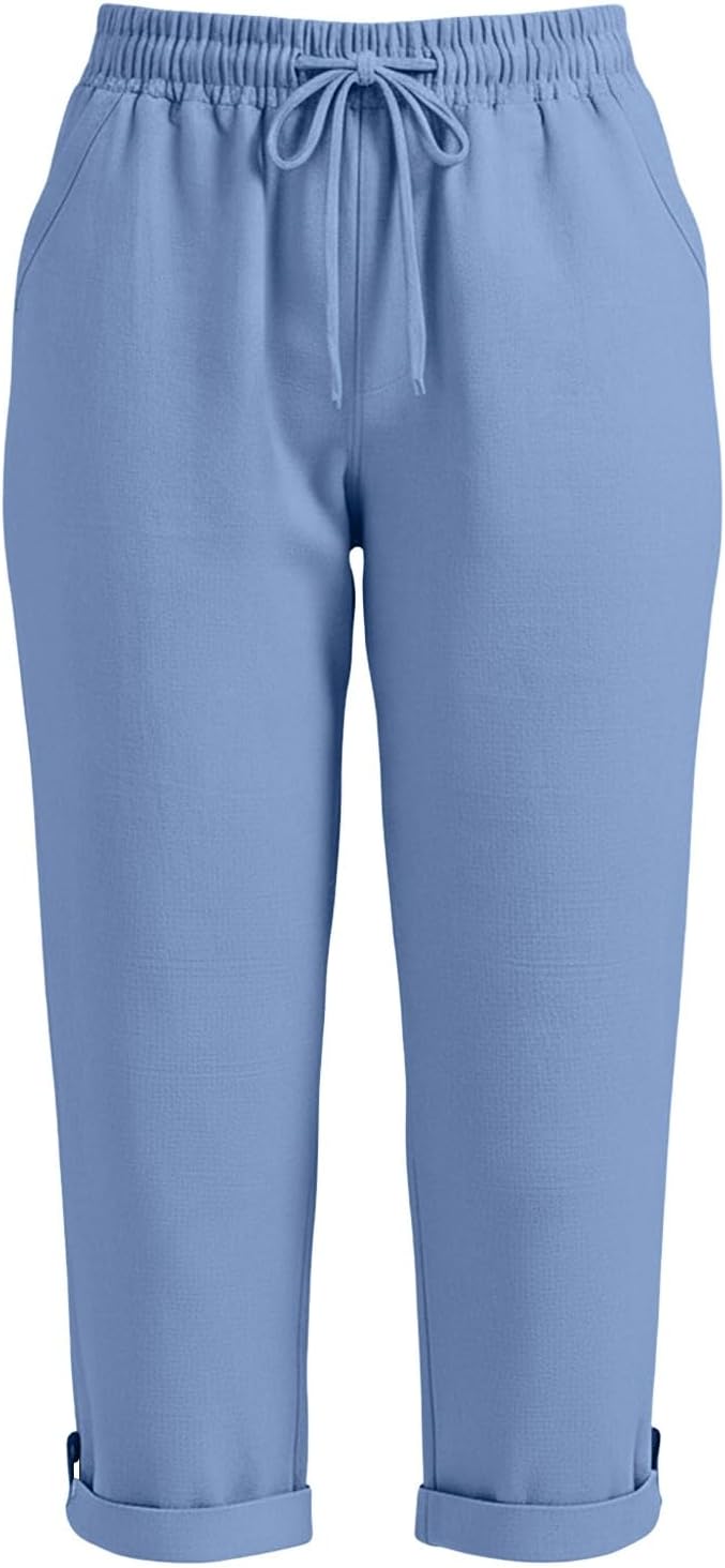 Drawstring Capri Linen Pants Women Elastic Waist Straight Leg Pant Summer Beach - Image 5