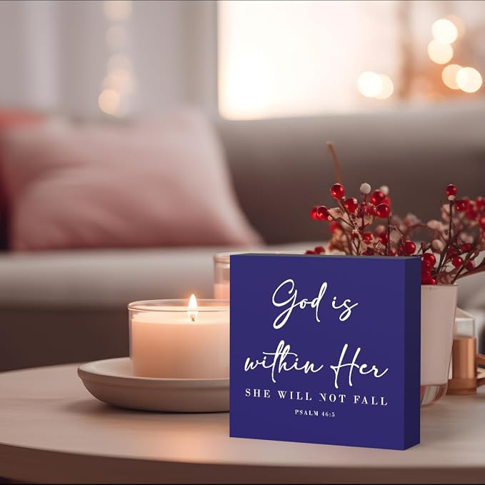 God Is Within Her Bible Verse Artwork Blue Wood Box Sign Rustic Farmhouse Style - Image 3