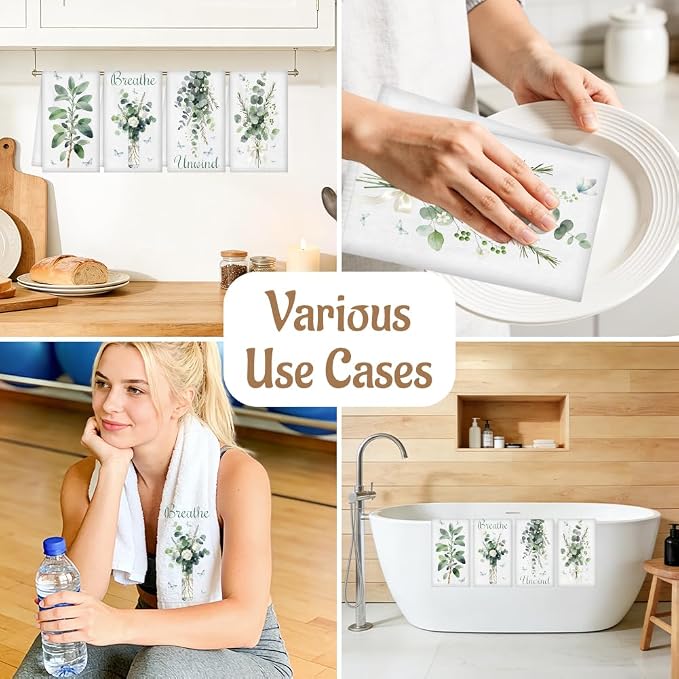 WADORN 4Pcs Sage Green Eucalyptus Leaves Kitchen Towels, Funny Breathe Unwind - Image 4