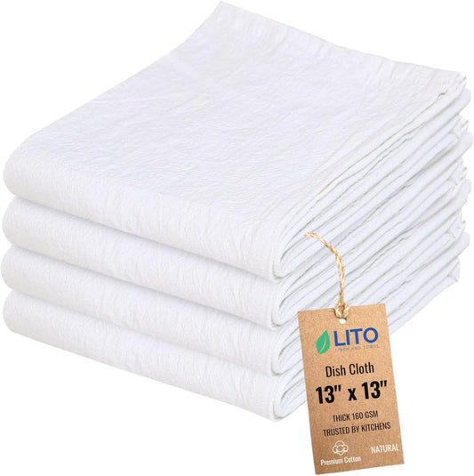 Dish Cloths Cotton| Kitchen Wash Cloth | Shop Towels Absorbent and Lint Free Flour Sack| Dishcloths for Kitchen Washing Dishes| Thick Absorbent Quick Dry Dish Rags | 4 Pack 13"x13" Natural