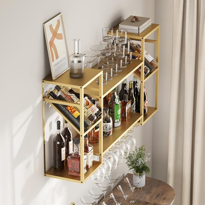 KaKaBB Metal Floating Bar Liquor Shelves 2 Tier, Wall Mounted Wine Rack - Image 5