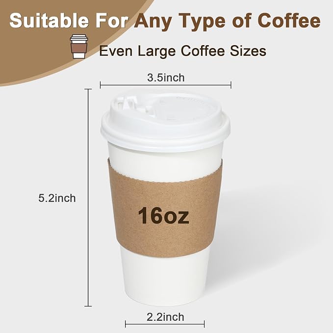 RAZCC 120 Pack 16 oz Paper Coffee Cups Set, Disposable White Coffee Cups - Image 2
