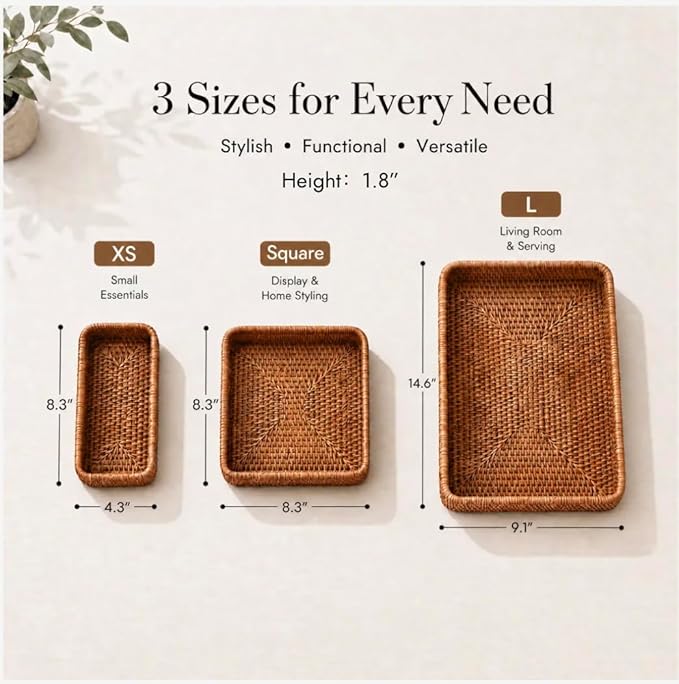 Rattan Tray Set of 3, Rectangular Woven Tray, Wicker Decorative Serving Tray - Image 2