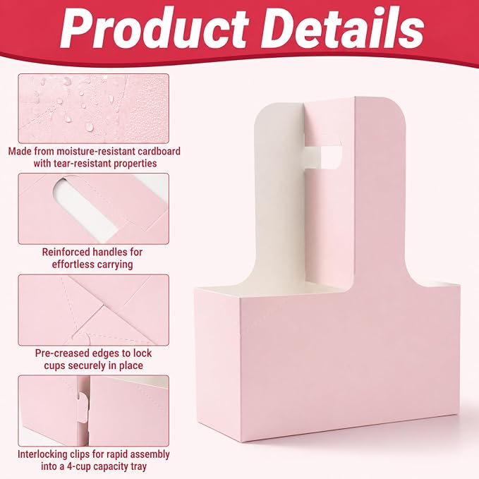100 Pcs Pink 2 Cup Drink Carrier Disposable, Foldable Kraft Cardboard Cup - Image 3